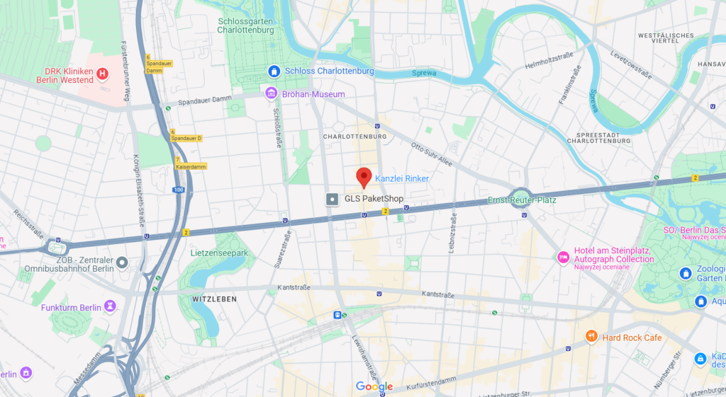 Lage der Kanzlei Rinker in Berlin-Charlottenburg – zentrale Anwaltskanzlei in Nähe von Schloss Charlottenburg und Ernst-Reuter-Platz